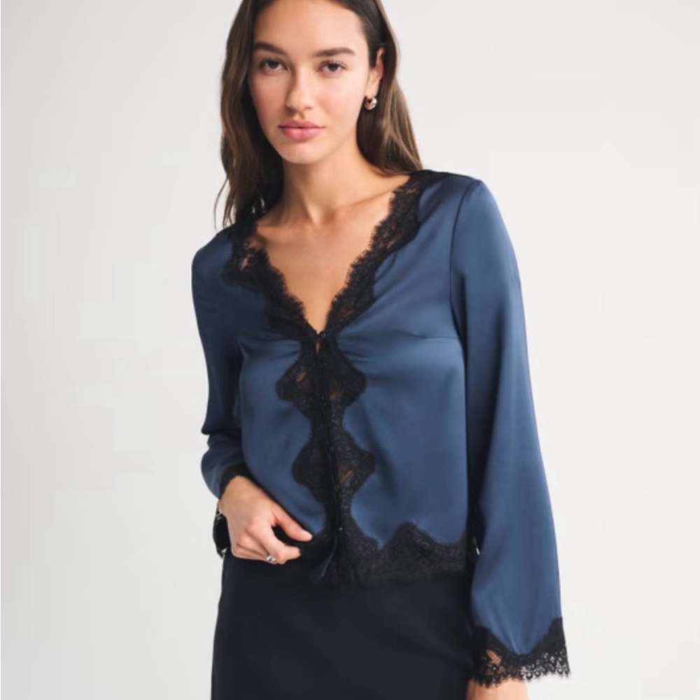 Abercrombie & Fitch Navy Lace Trim Button Through Blouse with Black Lace